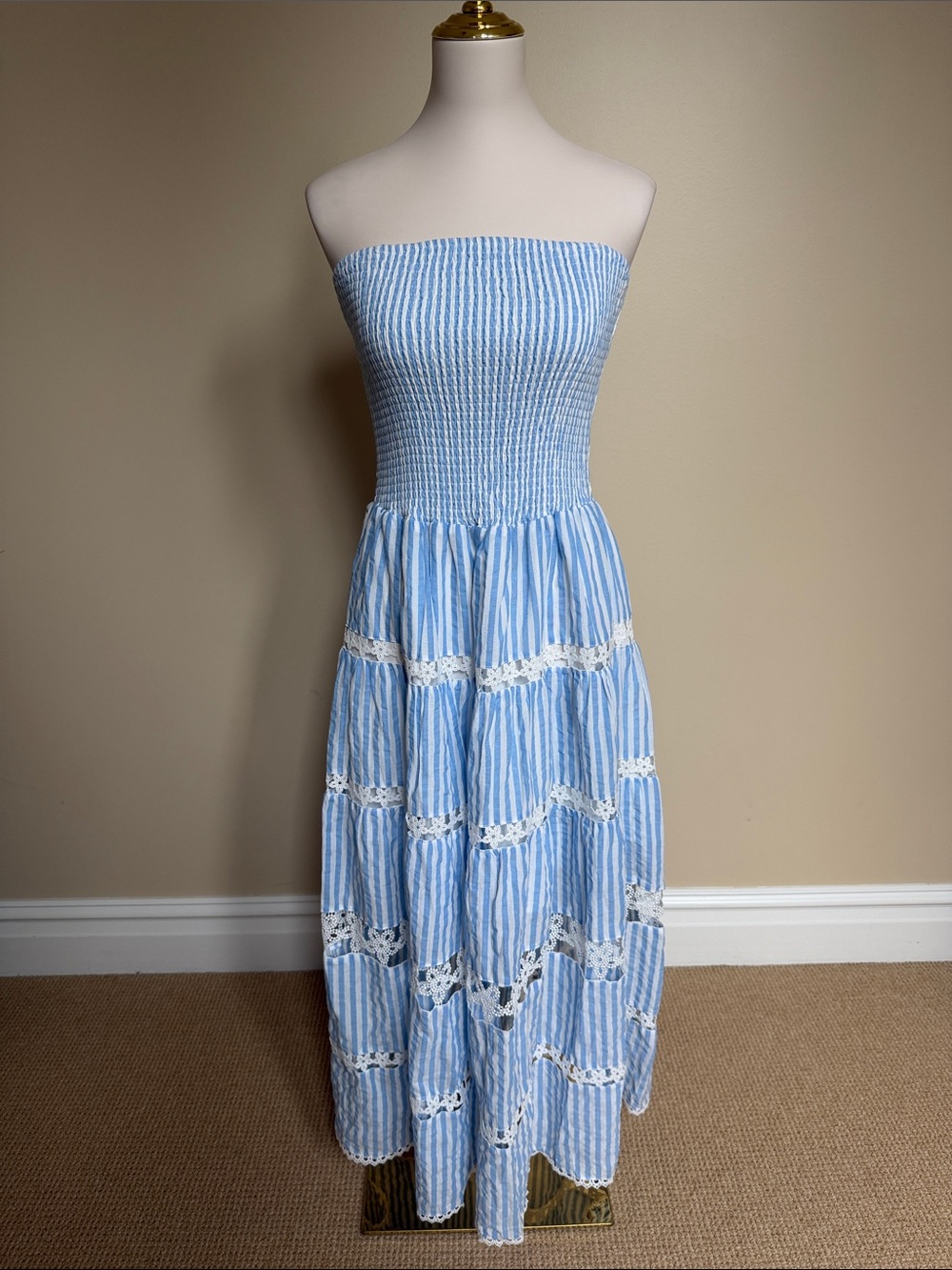 Avara Blue White Stripe Strapless Maxi Dress Lace Tiered Size M